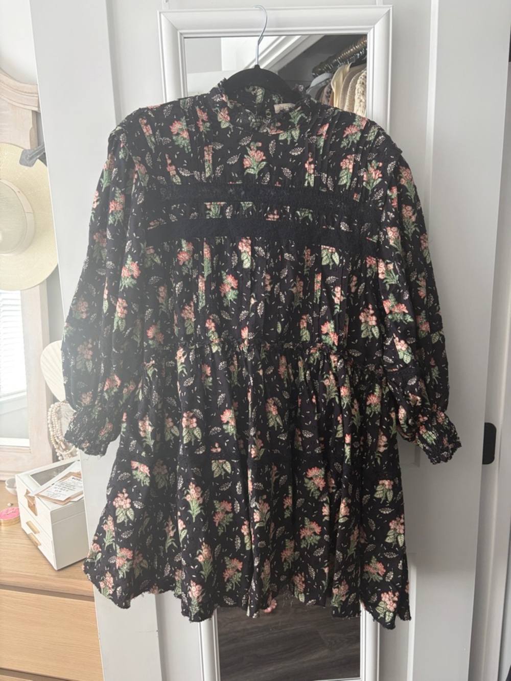 Pilcro Black Floral Smocked Casual Dress with Pink and Green Flowers
